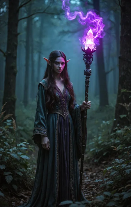 Photograph taken from above at an angle. A dark night, misty. Midnight. A beautiful brunette elf woman. Long elf ears. She's standing in a dark forest, wearing a long ornate elven dress. Her brunette hair is long . One hand holds a long intricate wizard staff, topped with a medium-sized crystal. Purple Energy emanates from the medium-sized crystal at the top of the staff, illuminating the area around her. The purple glow lights her. She's looking at the viewer with a determined look on her face.