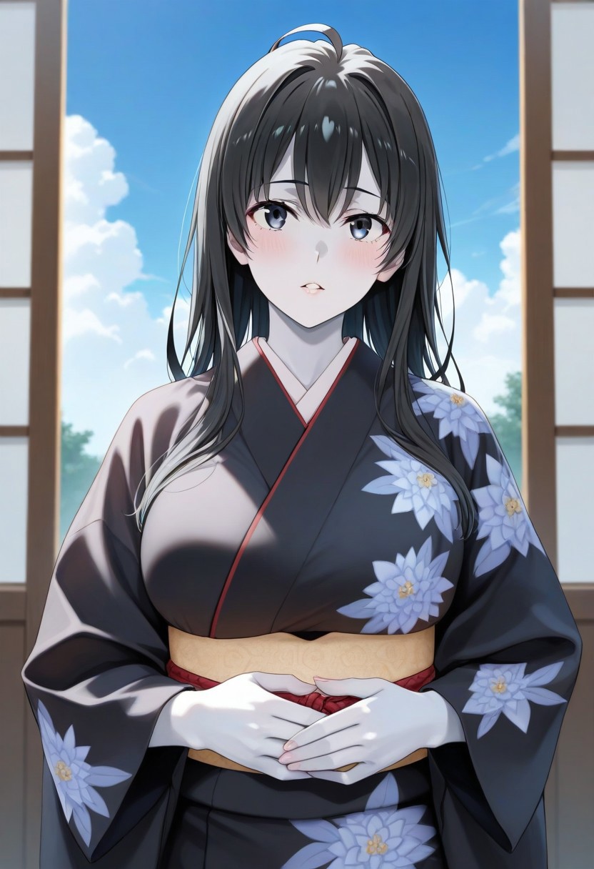 Mother Yukinoshita-Yahari Ore no Seishun Love Comedy wa Machigatteiru
1girl, sky, black hair, long hair, masterpiece, black eyes, colored skin, (white skin:1.3), Yuki-Onna parted lips, looking at viewer, black kimono, floral print, outdoors, hands held together on stomach, cloud, volumetric lighting, blue sky, portrait, upper body,