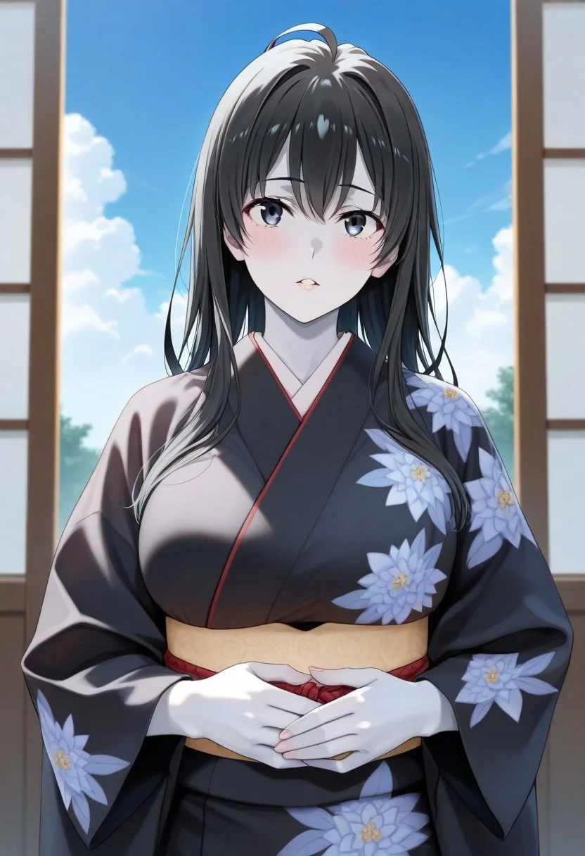Mother Yukinoshita-Yahari Ore no Seishun Love Comedy wa Machigatteiru
1girl, sky, black hair, long hair, masterpiece, black eyes, colored skin, (white skin:1.3), Yuki-Onna parted lips, looking at viewer, black kimono, floral print, outdoors, hands held together on stomach, cloud, volumetric lighting, blue sky, portrait, upper body,