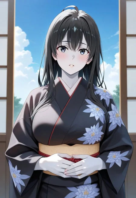 Mother Yukinoshita-Yahari Ore no Seishun Love Comedy wa Machigatteiru
1girl, sky, black hair, long hair, masterpiece, black eyes, colored skin, (white skin:1.3), Yuki-Onna parted lips, looking at viewer, black kimono, floral print, outdoors, hands held together on stomach, cloud, volumetric lighting, blue sky, portrait, upper body,