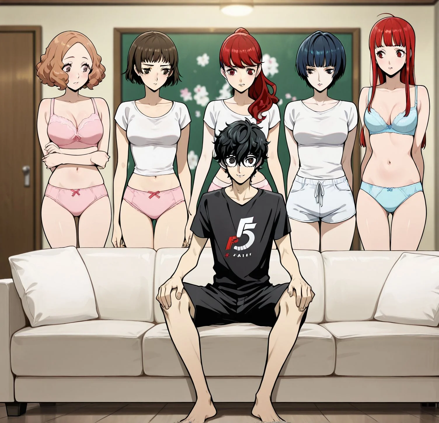 masterpiece, best quality, newest, absurdres, highres, detailed eyes, beautiful, detailed background, perfect eyes, anime coloring, anime screencap,
<lora:Piper_Perri_surrounded:0.7>Piper_Perri_surrounded,
Piper Perri surrounded ,   wide shot,
surrounded by 4 female,  (4girls),1boy,
shirt,shorts,full body,underwear only, standing female, 
a boy sitting cross-legged on the couch,
both legs folded and crossed in front of her body,
niijima makoto, black hair, 
 yoshizawa kasumi, 
kawakami sadayo, 
okumura haru, 
 sakura futaba, long hair, 
takemi tae,
BREAK
Persona5,
amamiya ren,