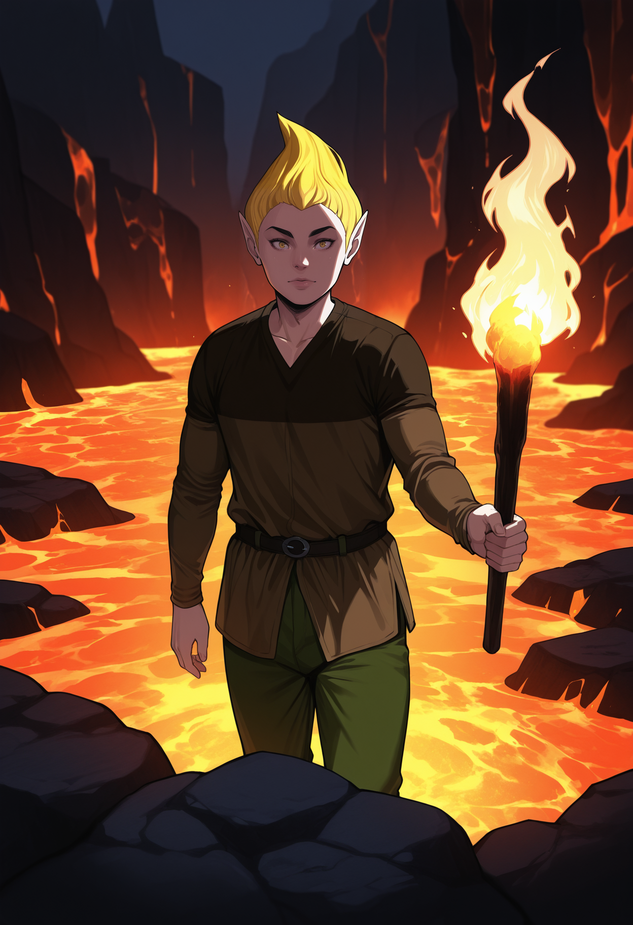 masterpiece, best quality, amazing quality, <lora:adoringFan_illustrious_byJaneB:1>,  byazura, , lava, brown shirt, green pants,, torch, holding,, standing in lava