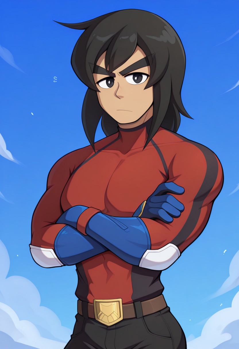 masterpiece,best quality,amazing quality,very aesthetic,newest,HDA_Masterpiece_v1.2, 1boy, solo, (Perfect Body, Perfect Face, Beautiful Face, Beautiful Eyes:1.1), (2D), (Perfect Anatomy:1.0), muscular, Mii Brawler, medium hair, black hair, black eyes, Brawl_clothes, mii male, red bodysuit, striped bodysuit, belt, black pants, <Lora:Mii_Brawler_Ultimate:1>, Upper Body, Dark Blue Gloves, Print Gloves, Brawl, ByCooliehigh, looking at viewer, big eyebrows, angly, (arms crossed), man body, ((armor)), (5_fingers), (tan skin)
