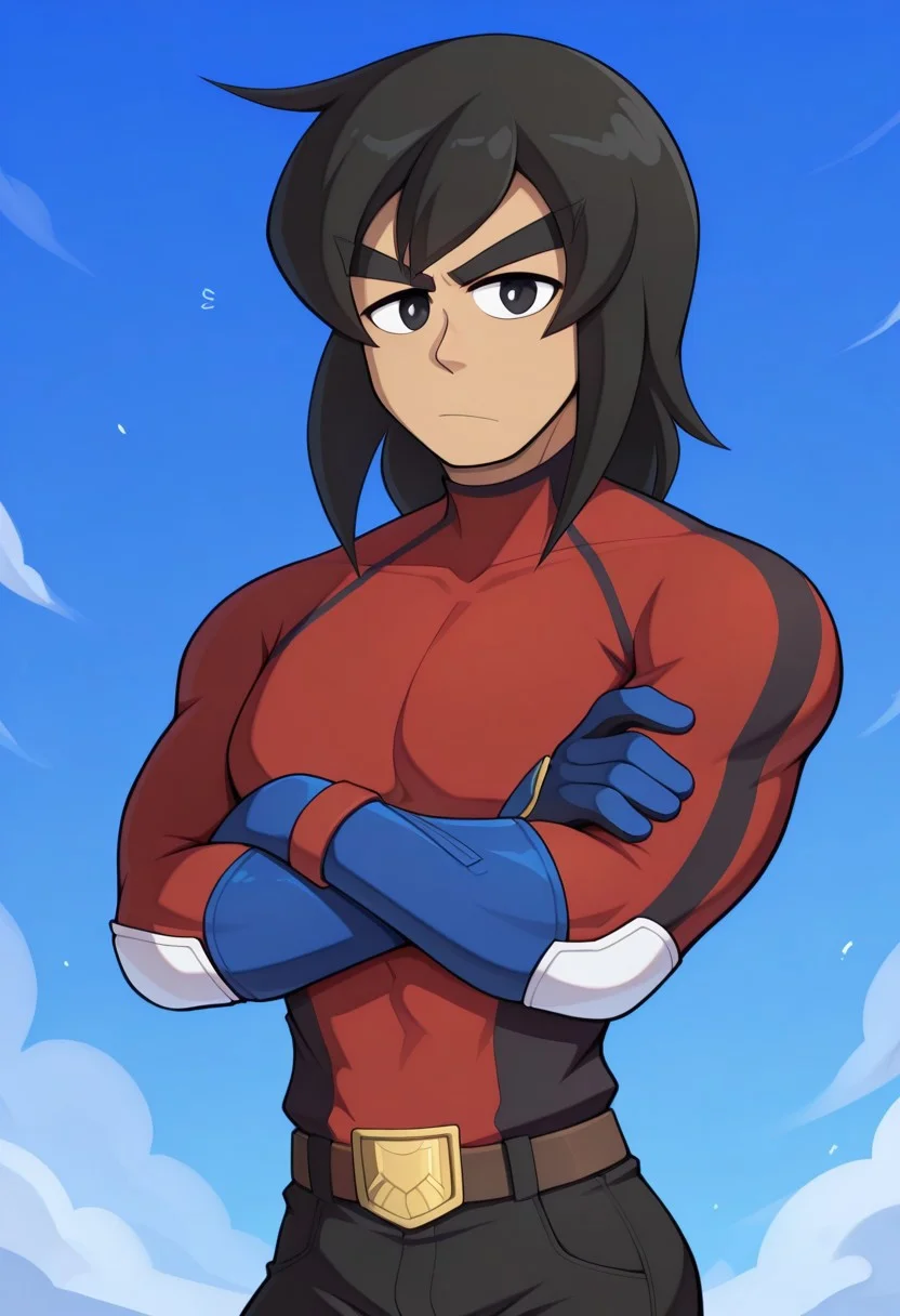 masterpiece,best quality,amazing quality,very aesthetic,newest,HDA_Masterpiece_v1.2, 1boy, solo, (Perfect Body, Perfect Face, Beautiful Face, Beautiful Eyes:1.1), (2D), (Perfect Anatomy:1.0), muscular, Mii Brawler, medium hair, black hair, black eyes, Brawl_clothes, mii male, red bodysuit, striped bodysuit, belt, black pants, <Lora:Mii_Brawler_Ultimate:1>, Upper Body, Dark Blue Gloves, Print Gloves, Brawl, ByCooliehigh, looking at viewer, big eyebrows, angly, (arms crossed), man body, ((armor)), (5_fingers), (tan skin)