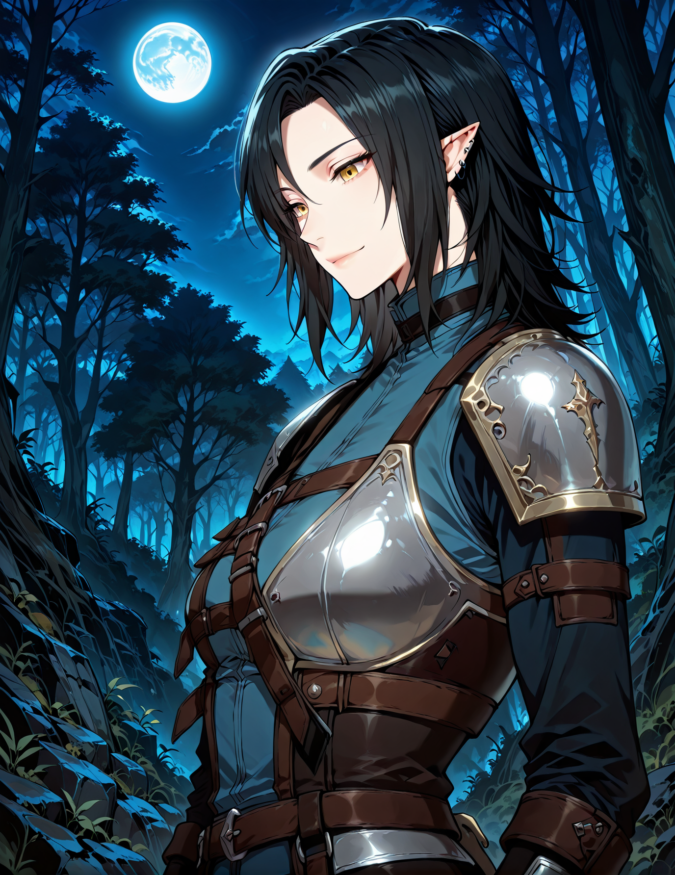 <lora:Helen_Shard__The_Beginning_After_the_End__Illustrious:1>
1 girl, solo, elf, pointy ears, black hair, medium hair, yellow eyes, blue shirt, pants, fingerless gloves, armor, shoulder armor, belt, ear piercing,
blue shirt, pants, fingerless gloves, armor, shoulder armor, belt, ear piercing,
score_9, score_8_up, score_7_up, very aesthetic, source_anime, detailed, high quality, beautiful, masterpiece, detailed eyes, forest, tree, ruins, cowboy shot, dynamic angle, upper body, light smile, dynamic pose, night, blue moon, <lora:iLLMythG0thicL1nes:1>