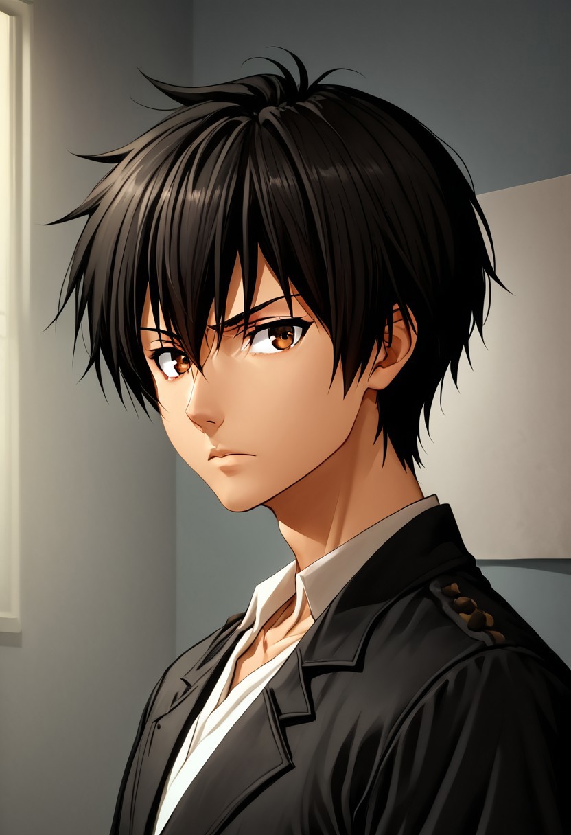 high resolution, solo, best quality, 1Boy, Seiya Kanie, Black Hair, Short Hair, Thin, Brown Eyes, portraits, studio lighting, dark atmosphere,