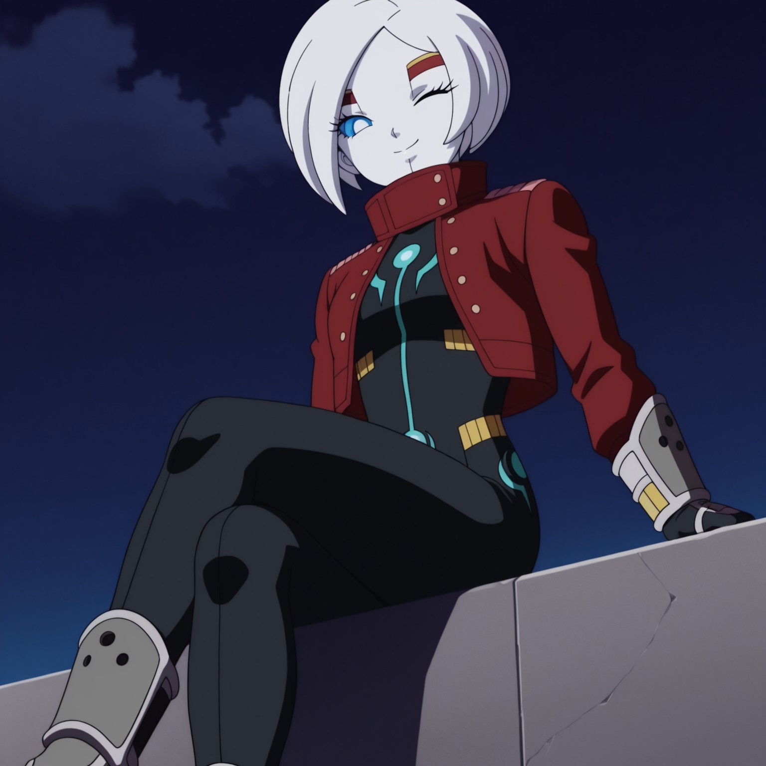 2d, 1girl, solo, Kamin, female, humanoid, white short hair, white skin, white pupils, blue sclera, red cropped jacket, black and blue bodysuit, long sleeves, gray wristbands, gray legbands, eyelashes

BREAK sitting on ledge, legs crossed, low angle view, outside, one eye closed, grinning, looking at viewer

BREAK best quality, amazing quality, very aesthetic, absurdres, newest, masterpiece 