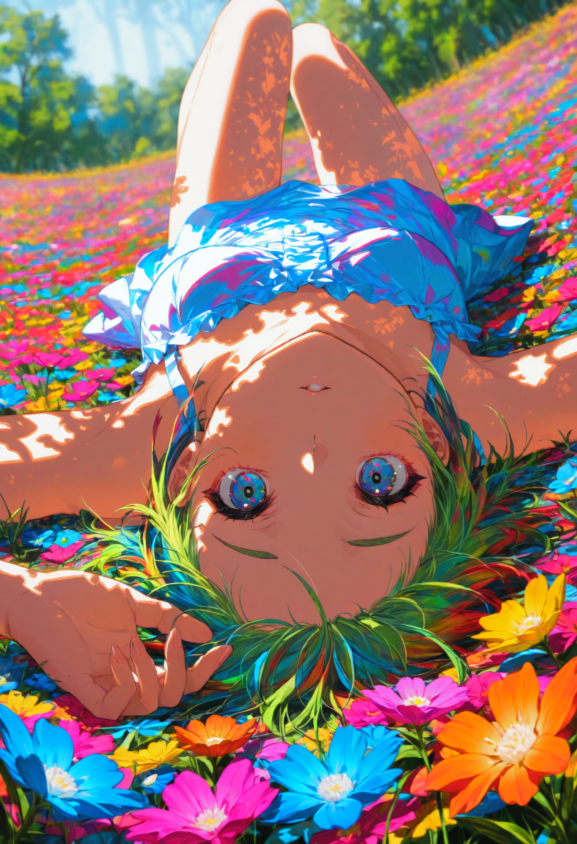 <lora:Style_Mika_Pikazo:1>, colorful, blurry background, flower field,
1girl, from below, looking at viewer, lying, on back, dappled sunlight, masterpiece, best quality
