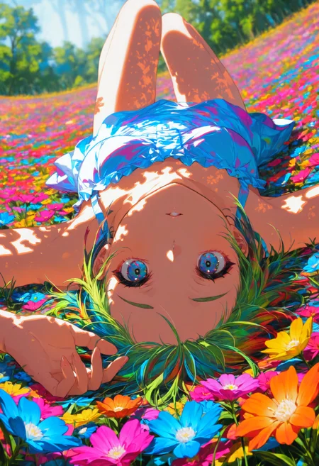 <lora:Style_Mika_Pikazo:1>, colorful, blurry background, flower field,
1girl, from below, looking at viewer, lying, on back, dappled sunlight, masterpiece, best quality