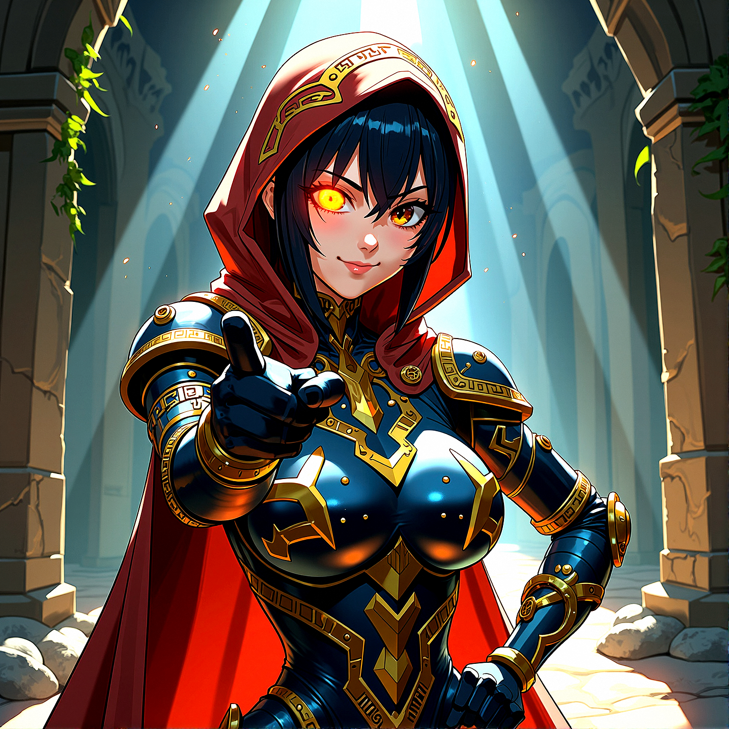 retro anime, 
A cybernetic mystic, her face split between robotic and human features, stands in an ancient, shadowed corridor. She smiles with a glowing red eye on her left eye and a normal brown eyes on the right eye, her hooded cloak adorned with golden circuitry patterns. Her armor, a blend of metal and glowing runes with ornate circuitry cape, suggests a perfect fusion of magic and technology. The digital artwork is a masterpiece of extreme realism, with perfect illumination, high contrast, and intricate, textured details.


Small, glowing crystal formations growing out of the stone walls, adding a magical touch.
Faint, worn golden inlays tracing along the walls and floors, suggesting a once grand and opulent past.

A soft, ambient glow emanating from the walls or floor, giving the scene a mystical aura.
Reflected light from the floor or walls, creating subtle highlights and adding depth to the scene.
Dynamic, moving shadows created by the flickering light sources, adding life and tension to the setting.
Dust particles floating in the beams of light, adding texture and a sense of stillness.
Rays of sunlight filtering through cracks in the ceiling, adding a touch of natural light to the otherwise dim setting.



She points forward with one hand, commanding attention, with the other hand on the hip.
