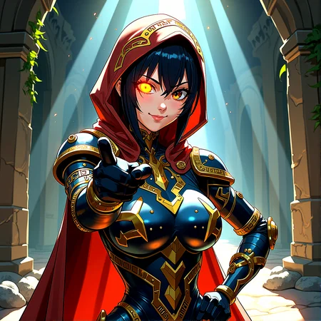retro anime, 
A cybernetic mystic, her face split between robotic and human features, stands in an ancient, shadowed corridor. She smiles with a glowing red eye on her left eye and a normal brown eyes on the right eye, her hooded cloak adorned with golden circuitry patterns. Her armor, a blend of metal and glowing runes with ornate circuitry cape, suggests a perfect fusion of magic and technology. The digital artwork is a masterpiece of extreme realism, with perfect illumination, high contrast, and intricate, textured details.


Small, glowing crystal formations growing out of the stone walls, adding a magical touch.
Faint, worn golden inlays tracing along the walls and floors, suggesting a once grand and opulent past.

A soft, ambient glow emanating from the walls or floor, giving the scene a mystical aura.
Reflected light from the floor or walls, creating subtle highlights and adding depth to the scene.
Dynamic, moving shadows created by the flickering light sources, adding life and tension to the setting.
Dust particles floating in the beams of light, adding texture and a sense of stillness.
Rays of sunlight filtering through cracks in the ceiling, adding a touch of natural light to the otherwise dim setting.



She points forward with one hand, commanding attention, with the other hand on the hip.
