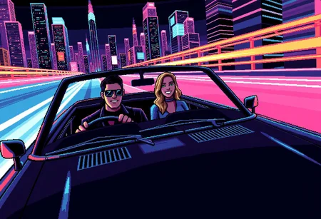 pixelart,retro style,masterpiece,((cool man wearing a leather jacket is driving a convertible shiny black car)),relaxing,he is wearing sunglasses and smiling confidently,smirk,black hair mullet,on the back seat is sitting a blonde beautiful woman wearing elegant clothes and green eyes,happy smile, neon highway,retro city in the background with tall buildings,joy moment,light poles,driving at high speed,movement lines,wind blowing,after image lights,(view from front of car),view from side