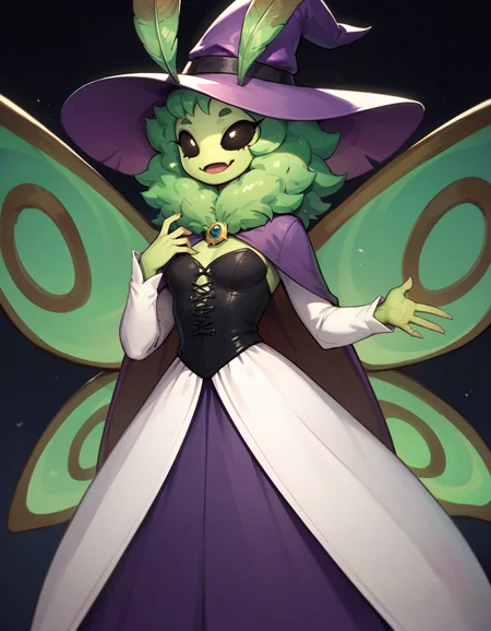 embedding:PDXL\zPDXL,(Masterpiece:1.4),(best quality:1.2),score_9,score_8_up,score_7_up,score_6_up,solo,dark background,ni4nchiki,moth girl,smiling,open mouth,antennae,small breasts,colored sclera,black sclera,hollow eyes,raised eyebrows,moth wings,folded wings,(green skin:1),purple witch hat,purpe witch costume,(green claws:0.5),standingfull body <lora:MyTrainings\Temp\SS13\Nianchiki_XL_Pony.safetensors:0.8>