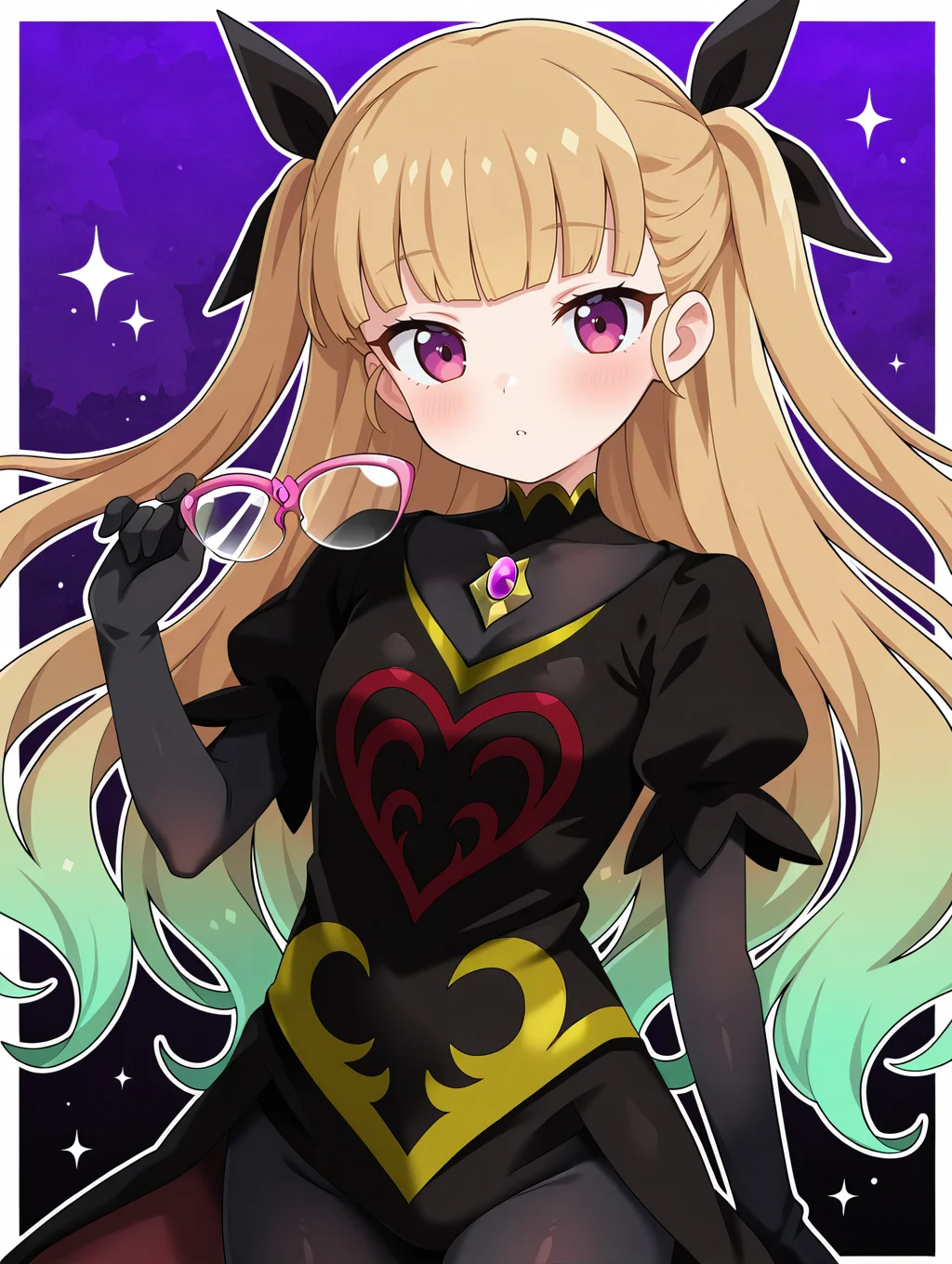 1girl, solo, looking at viewer, holding glasses, blush, parted lips, purple background, cowboy shot, hand up, black dress, black bodystocking, black hair ribbon, gold brooch, corruption, white border, two side up
masterpiece,best quality,amazing quality,very aesthetic,absurdres,newest,<lora:ohdo yuamu illuXL v1:0.85>,<lora:wai-2Rectified-V140:0.7>,