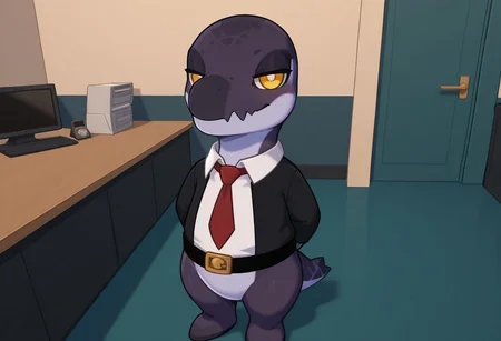 highres, absurdres, newest, masterpiece, best quality, furry, small tail, claws, Malik, male, Kronosaurus, reptile, violet skin, yellow eyes, flippers, watch, white shirt, blazer, red tie, belt,, detailed eyes, professional lighting, solo, seductive, looking_at_viewer, smug, masterpiece, bank office, keeps hands behind back