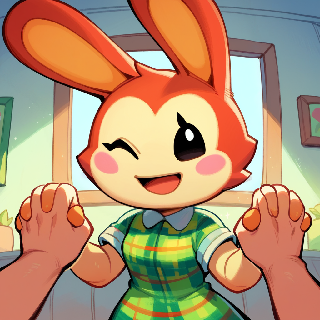 zPDXL2, score_9_up, score_8_up, score_7_up, 2d, rating_safe, (gjem, fwf), (indoors), pov, (holding hands, interlocked fingers), cowboy shot, 1girl, solo, large head, bunnie_\(animal_crossing\), rabbit, lagomorph, anthro, red fur, black eyes, dot eyes, eyelashes, blush stickers, green plaid shirt, short sleeves, smile, open mouth, one eye closed,  looking at viewer, <lora:PDXL_Bunnie_AC:1>