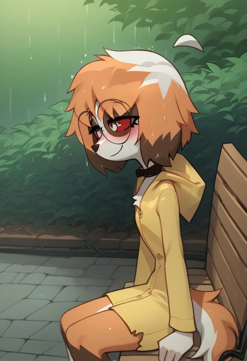 Expressiveh, score_9, score_8_up, score_7_up, score_6_up, score_5_up, best quality, high quality, good anatomy, realistic, high res, nice shading, nice angle, outdoor, 1girl, solo, sol, furry, animal ears, dog ears, tail, ahoge, short hair, multicolored hair, orange hair, white hair, red eyes, white pupils, blush, skinny, petite body, cute face, sunglasses, round eyewear, hood, hood up, collar, bandages, bandaged legs, sad, smile, raining, garden, sit on bench, bench, side view