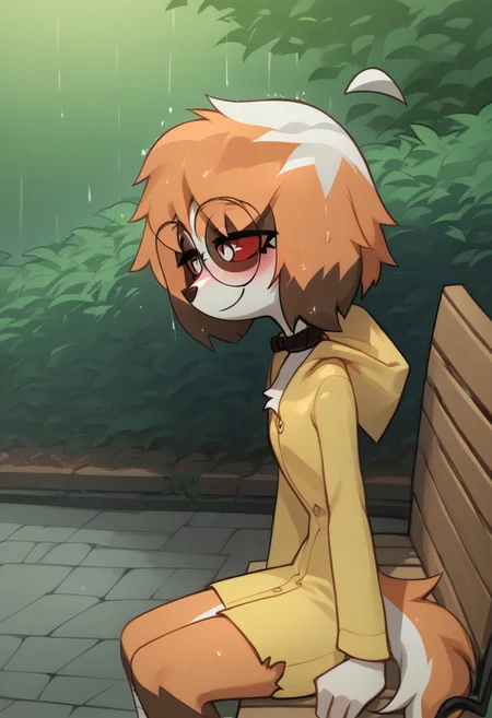 Expressiveh, score_9, score_8_up, score_7_up, score_6_up, score_5_up, best quality, high quality, good anatomy, realistic, high res, nice shading, nice angle, outdoor, 1girl, solo, sol, furry, animal ears, dog ears, tail, ahoge, short hair, multicolored hair, orange hair, white hair, red eyes, white pupils, blush, skinny, petite body, cute face, sunglasses, round eyewear, hood, hood up, collar, bandages, bandaged legs, sad, smile, raining, garden, sit on bench, bench, side view