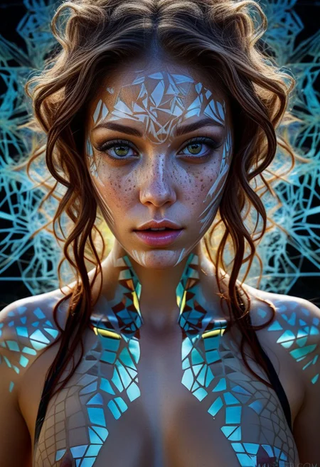 mysterious face with freckles, an exotic girl in tape clothing, fading background, alluring goddess, blacktapeprojekt, by Minjae Lee, Carne Griffiths, Emily Kell, Steve McCurry, Geoffroy Thoorens, Aaron Horkey, Jordan Grimmer, Greg Rutkowski, amazing depth, double exposure, surreal, geometric patterns, intricately detailed, bokeh, perfect balanced, deep fine borders, artistic photorealism , smooth, great masterwork by Suiras <lora:add-detail-xl:2> <lora:Double_Exposure:0.5>