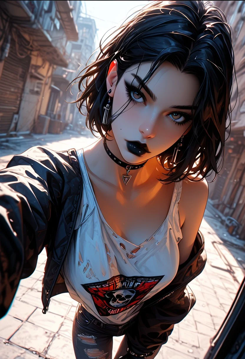 score_9, score_8_up, score_7_up, score_6_up, score_9, score_8_up, score_8, OverallDetail, Expressiveh, (anime_source) ( dynamic angle) very aesthetic, rating_questionable, raitng_explicit,uncensored
i want the whole image to be created in 3D anime style
1girl, goth girl,black short hair, with blue tips, sexy pose, dynamic stance, oversized hoddie, makeup, eyelashes, eyeliner, black lipstick, ripped black jeans,detailed features, taking a selfie, urban alley, soft and warm lighting, perfect body proportions, detailed hands, bright colors
cinematic lighting, cinematic angle,photography, pov, depth of field, awesome detail
detailed background, detailed body