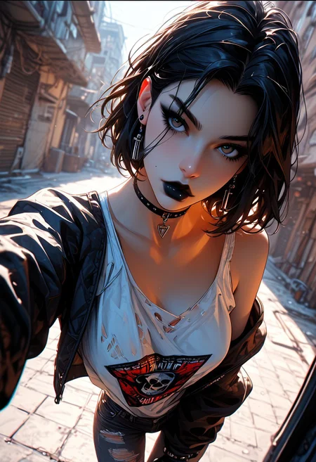 score_9, score_8_up, score_7_up, score_6_up, score_9, score_8_up, score_8, OverallDetail, Expressiveh, (anime_source) ( dynamic angle) very aesthetic, rating_questionable, raitng_explicit,uncensored
i want the whole image to be created in 3D anime style
1girl, goth girl,black short hair, with blue tips, sexy pose, dynamic stance, oversized hoddie, makeup, eyelashes, eyeliner, black lipstick, ripped black jeans,detailed features, taking a selfie, urban alley, soft and warm lighting, perfect body proportions, detailed hands, bright colors
cinematic lighting, cinematic angle,photography, pov, depth of field, awesome detail
detailed background, detailed body