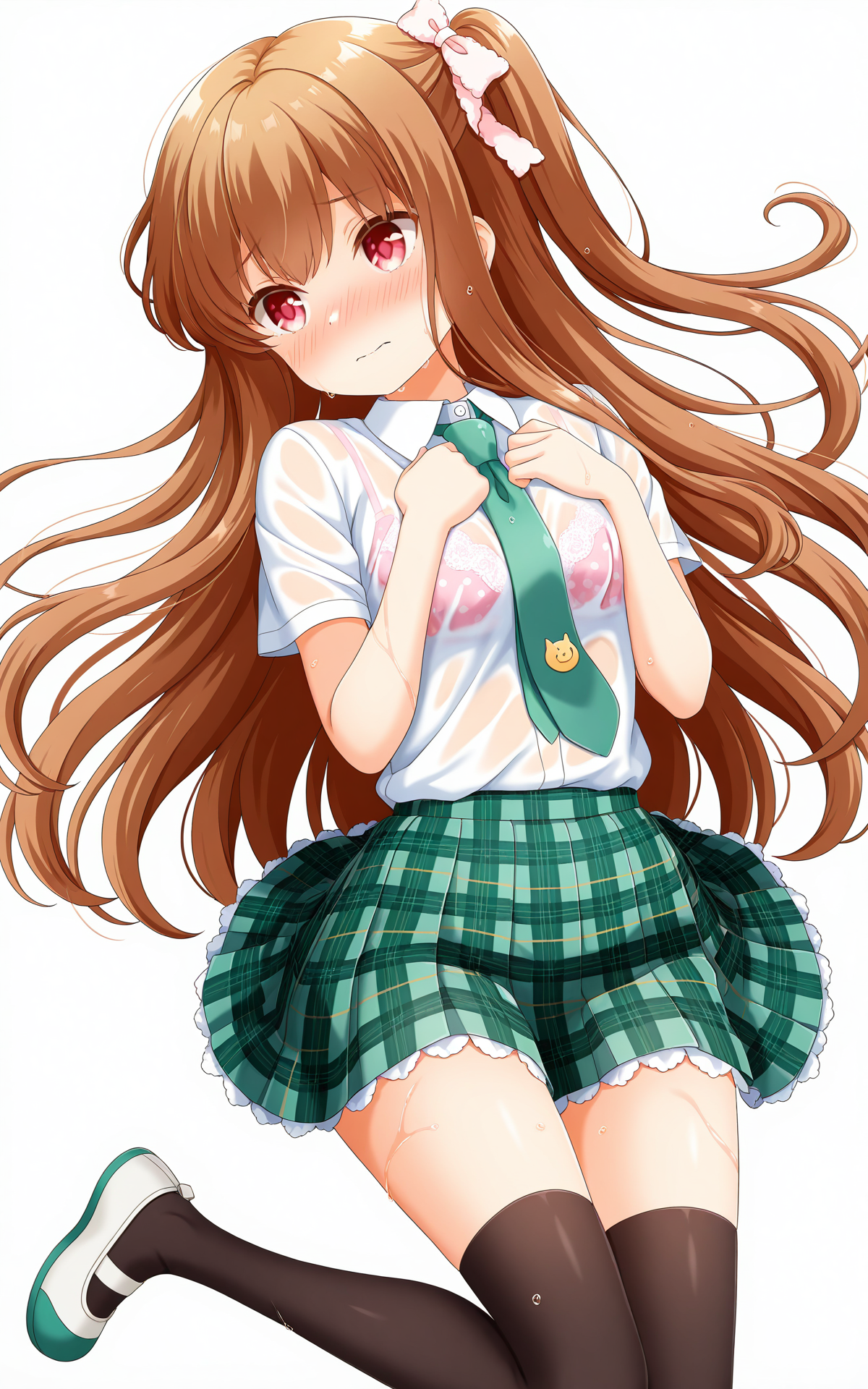 masterpiece, best quality, good quality, newest,4k, perfect lighting, cinematic, very aesthetic, official art, anime screencap, anime coloring,(((white background, simple background))),
1girl,solo,asahina momoko, seio school unform,brown hair,long hair,one side up,ribbon,red eyes,white shirt,short sleeves,green necktie,green skirt,plaid skirt,pleated skirt,black thighhighs,zettai ryouiki,green uwabaki,
embarrassed,blush,hands on chest,wet,bra visible through clothes,lying,on back,from above,full body,BREAK
 <lora:ILmomoko:0.9>