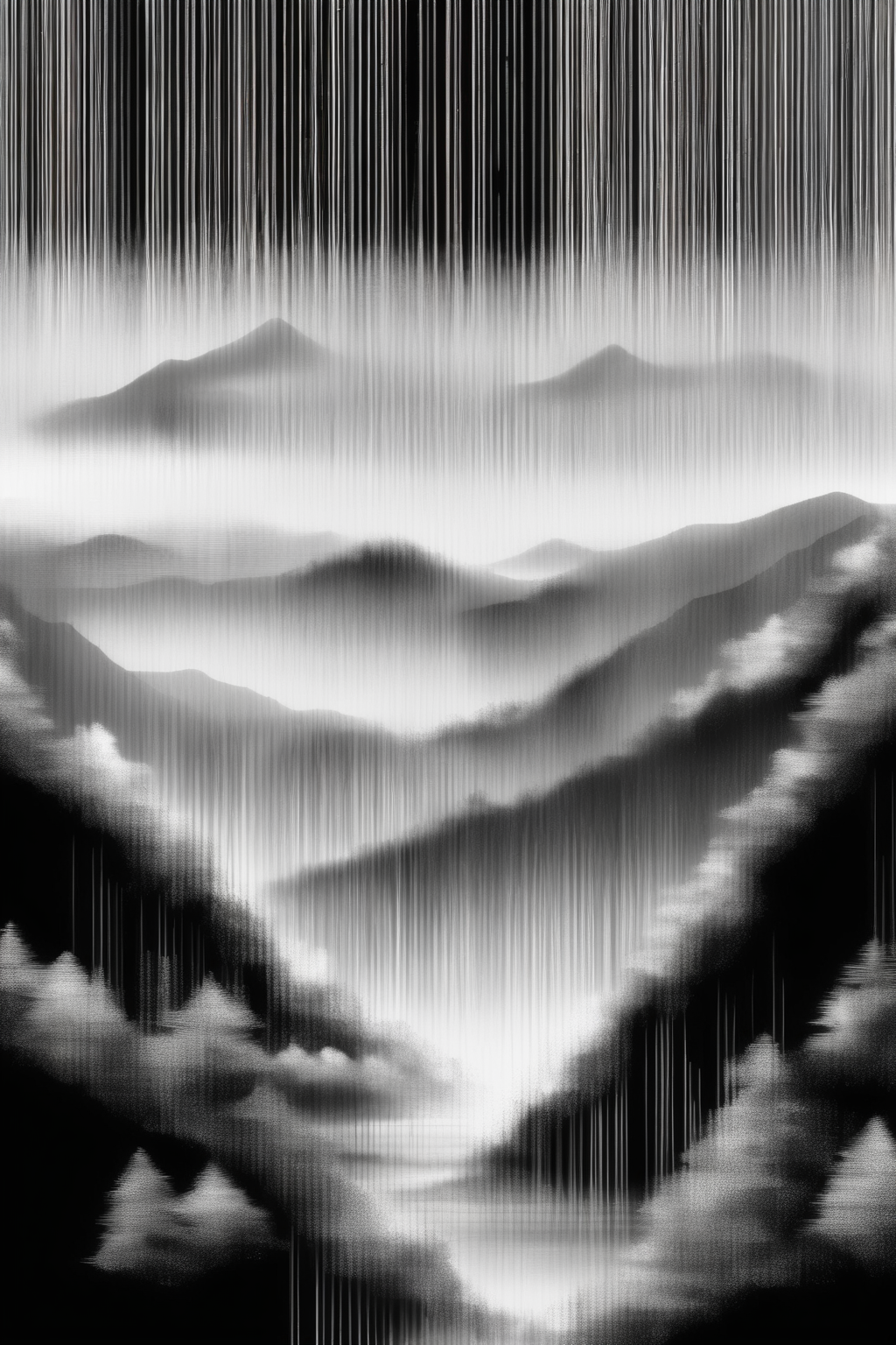 <lora:Ryoji Ikeda Style:1>Ryoji Ikeda Style - mountain landscape in Ryoichi Kurokawa style, using ryoji ikeda barcode brush and strokes