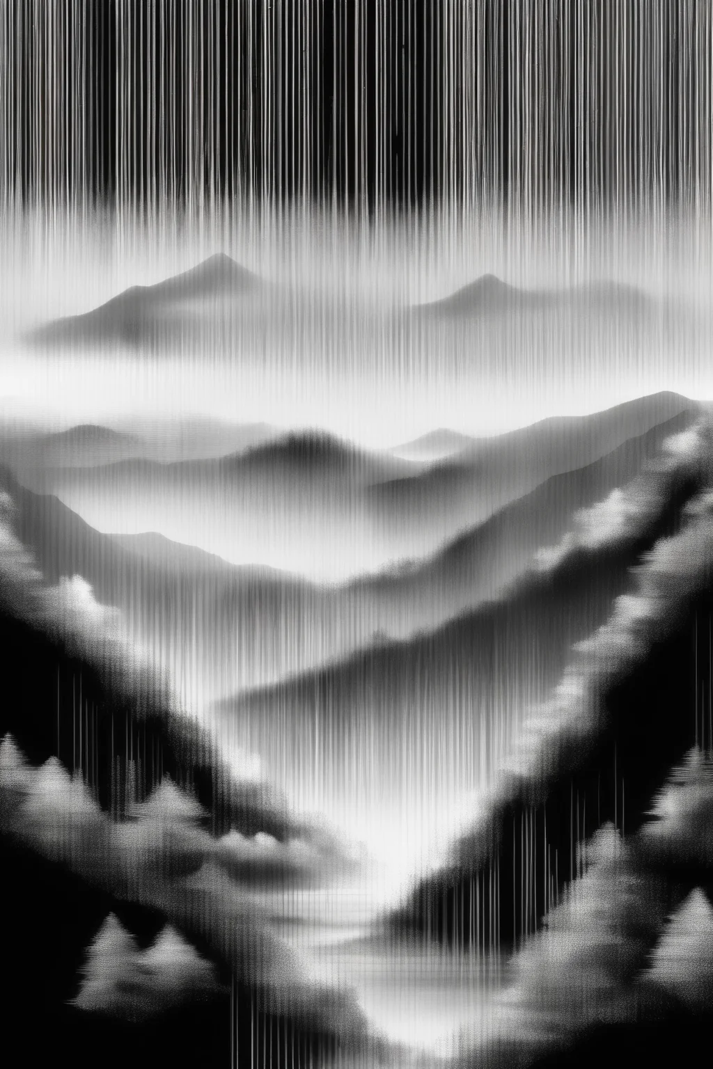 <lora:Ryoji Ikeda Style:1>Ryoji Ikeda Style - mountain landscape in Ryoichi Kurokawa style, using ryoji ikeda barcode brush and strokes