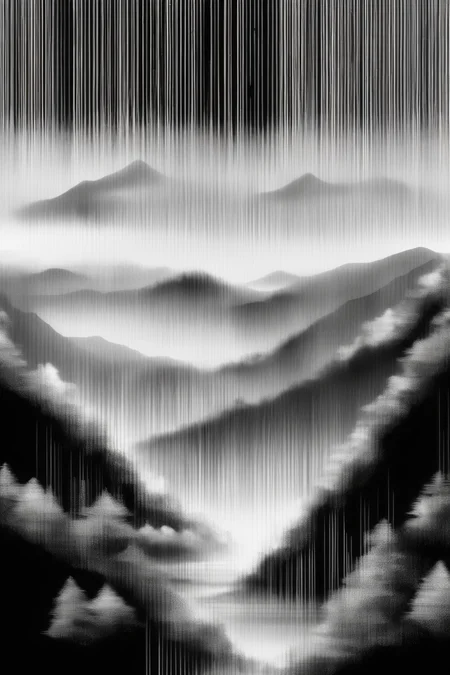 <lora:Ryoji Ikeda Style:1>Ryoji Ikeda Style - mountain landscape in Ryoichi Kurokawa style, using ryoji ikeda barcode brush and strokes