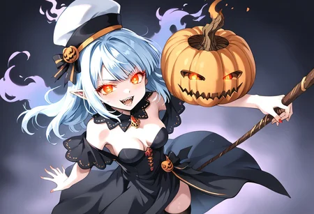 (masterpiece), (score_9, score_8_up, score_7_up,source_anime), 4K8K,
(from above), misty, steam, fog, Floating Halloween pumpkins,
halloween, halloween fantasy, jakkRo,
(pumpkinhead woman, Pumpkinhead:1.3), (solo), (Glossy skin, pale skin:1.3), (hugging myself, holding stick), blue flame, burning pumpkin, (dark aura:1.4), (smirk, half-opened mouth, Canine, tooth, fang1.2),
(medium figure:0.9), (pointy breasts:1.1),
(glowing eyes),
(wearing vampire cos, dress, makeup, red and black dress, Miniature Hats, zettai ryouiki, thighhighs:1.2),
(emperor's audience room, dark room:1.3), elf ears,