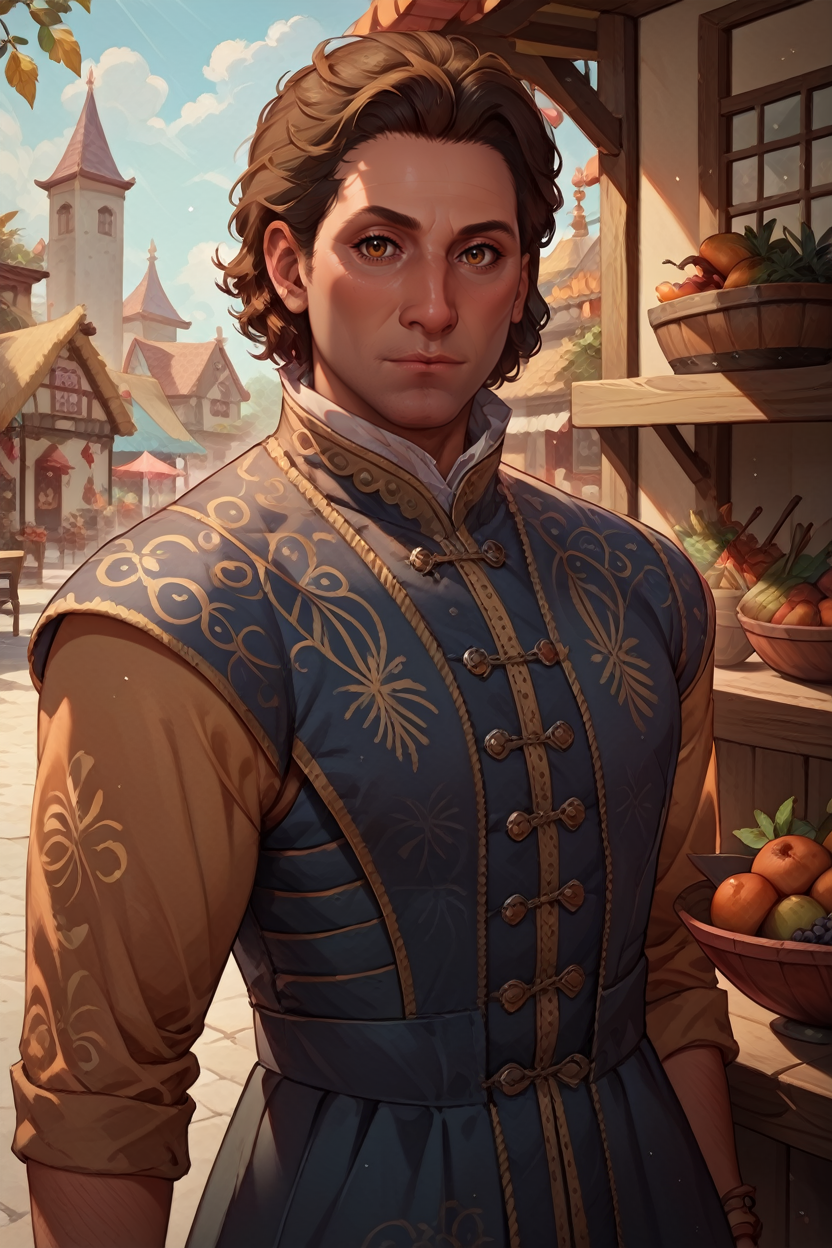 score_9, score_8_up, score_7_up, score_6_up
<lora:BGRaphael:0.9>
BGRaphael, 1boy, brown hair, brown eyes, looking at viewer, at a bustling market, wearing casual clothes, surrounded by vibrant stalls, spices and fruits, lively and colorful scene, engaging with locals