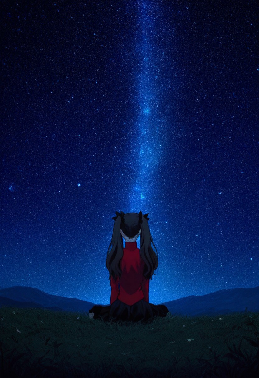 1girl, tohsaka rin, skinny girl, happy, (encouraged:1.1), (sitting:1.1), looking at distance, face out of view,  (twin tails:1.1) , starry sky, outdoors, beautiful scenery 
cinematic, (film grain:1.2), long shot, from behind back
masterpiece, best quality, very aesthetic, absurdres, LL-Illu
