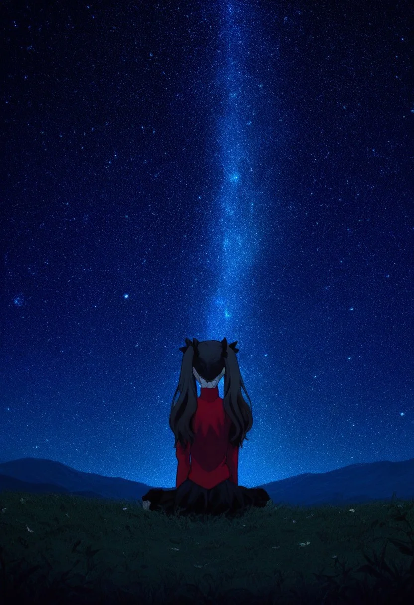1girl, tohsaka rin, skinny girl, happy, (encouraged:1.1), (sitting:1.1), looking at distance, face out of view, (twin tails:1.1) , starry sky, outdoors, beautiful scenery
cinematic, (film grain:1.2), long shot, from behind back
masterpiece, best quality, very aesthetic, absurdres, LL-Illu