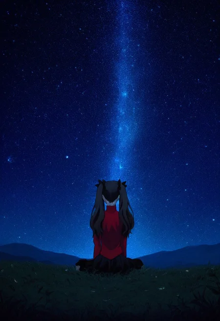 1girl, tohsaka rin, skinny girl, happy, (encouraged:1.1), (sitting:1.1), looking at distance, face out of view,  (twin tails:1.1) , starry sky, outdoors, beautiful scenery 
cinematic, (film grain:1.2), long shot, from behind back
masterpiece, best quality, very aesthetic, absurdres, LL-Illu