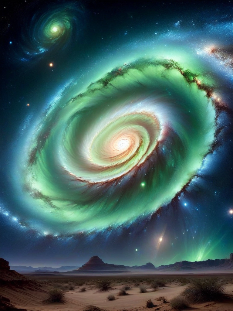 galaxy, (masterpiece), (extremely intricate:1.3), (realistic),a scene of a desert at night, in the sky a spiral green galaxy, dark scene, realistic, 4k, masterpiece