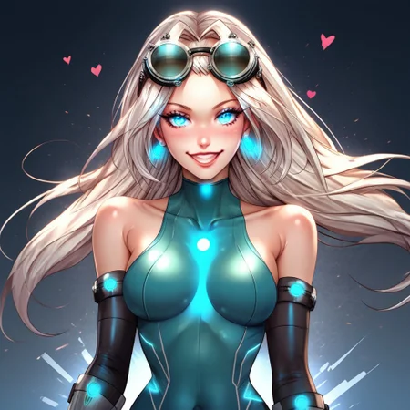 score_9, score_8_up, score_7_up,score_6_up, rating_safe, Expressiveh, ibenz, 1girl, (((view from front))), cute pose, sexy pose, (((small smile))), ((((at full height)))),
BREAK
stoic, calm, focused, (((1girl))), white hair, (((long hair))), ((high twintails)), ((metallic hair)), ((((manipulator hair)))), (((transforming hair)))), ((((round eyeglasses)))), (multicolor eyes), blue eyes, glowing eyes, goggles on head, ((tech rabbit ears, tech bunny ears)), makeup, lipstick, eyeliner
petite girl, ((slender figure)), slim figure, medium breasts, flat tummy, thin hips, curvy legs, heart-shaped ass, high-tech, ((((hi-tech elbow bracers)))), gadget belt, green bodysuit, black shoes
