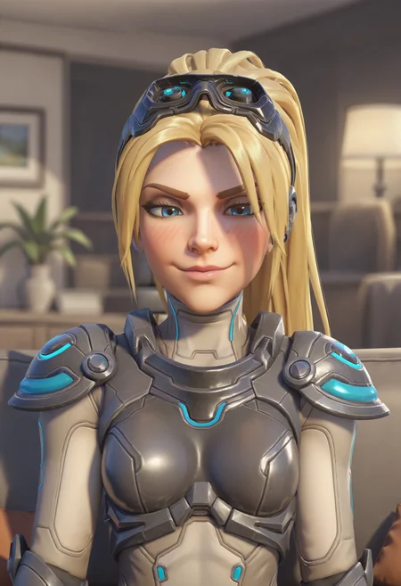 score_9, score_8_up, score_7_up, score_6_up, score_5_up, score_4_up, 1girl, <lora:WidowmakerNova:0.7> solo, medium breasts, ponytail, blonde hair, long hair, blue eyes, bodysuit, armor, goggles, goggles on head, blush, smile, upper body, front view, eyes half closed, sitting on couch,
living room background, couch, window, plant, lamp, blurry background, 3d, render,