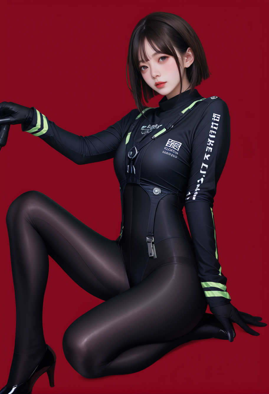 1girl,solo,red background,,ruanyi0854,black bodysuit,black gloves,black pantyhose,long sleeves,<lora:0854 agent_v1_pony:1>, score_9,score_8_up,score_7_up,,8k,1girl,solo,,