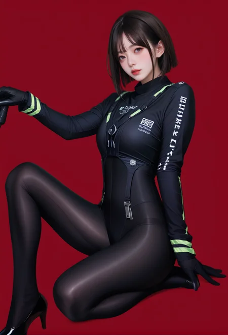 1girl,solo,red background,,ruanyi0854,black bodysuit,black gloves,black pantyhose,long sleeves,<lora:0854 agent_v1_pony:1>, score_9,score_8_up,score_7_up,,8k,1girl,solo,,