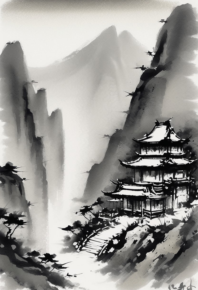 A Chinese pagoda temple in a high mountain in the center of a volcano connected by a hanging bridge. Chinese sumi ink art style, black and white,ink brush stroke and some ink splatters, rice paper texture, wet on wet techniques. perfect contrast,. the image is in a grayscale tones with a nice almost perfect contrast. the image as a peculiar antique yellowish tone like those ancients arts from asia. rich brush strokes.