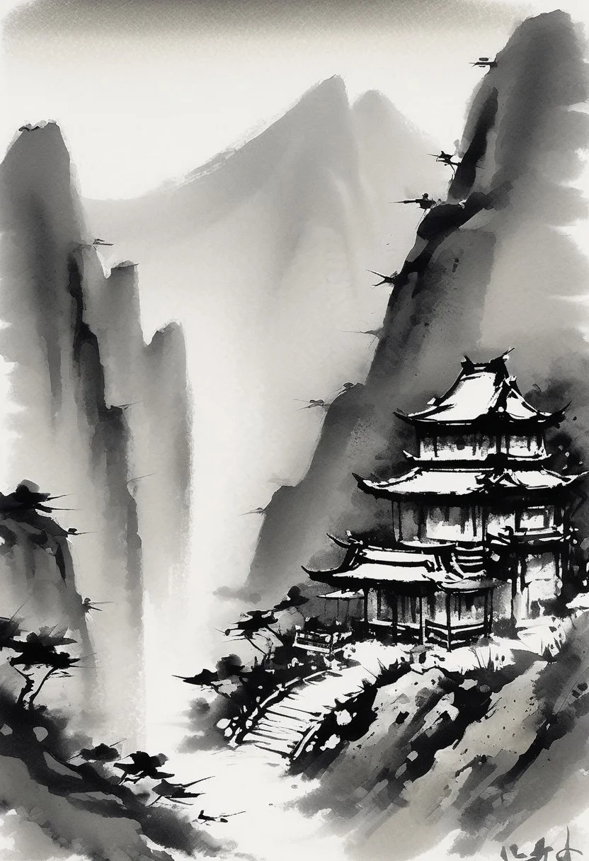 A Chinese pagoda temple in a high mountain in the center of a volcano connected by a hanging bridge. Chinese sumi ink art style, black and white,ink brush stroke and some ink splatters, rice paper texture, wet on wet techniques. perfect contrast,. the image is in a grayscale tones with a nice almost perfect contrast. the image as a peculiar antique yellowish tone like those ancients arts from asia. rich brush strokes.