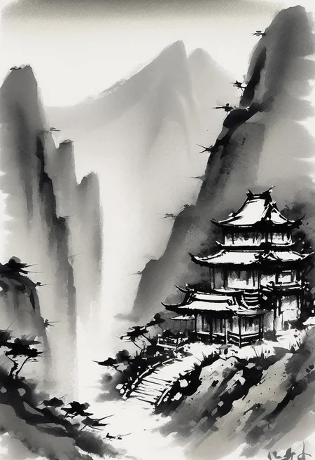 A Chinese pagoda temple in a high mountain in the center of a volcano connected by a hanging bridge. Chinese sumi ink art style, black and white,ink brush stroke and some ink splatters, rice paper texture, wet on wet techniques. perfect contrast,. the image is in a grayscale tones with a nice almost perfect contrast. the image as a peculiar antique yellowish tone like those ancients arts from asia. rich brush strokes.