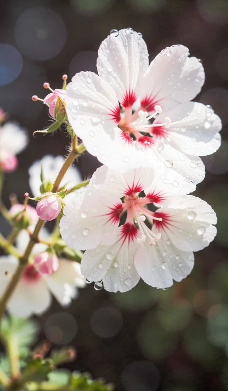 simple white pink geranium flowers in drops of water, macro, closeup, selective focus. Dramatic unusual scene. Beauty world. Retro filter and vintage style. Instagram toning effect, breathtaking photograph, lensflare and bokeh effects, heavy film grain, shot on kodachrome with post-processing artifacts, reflecting particle effects, slight double exposure