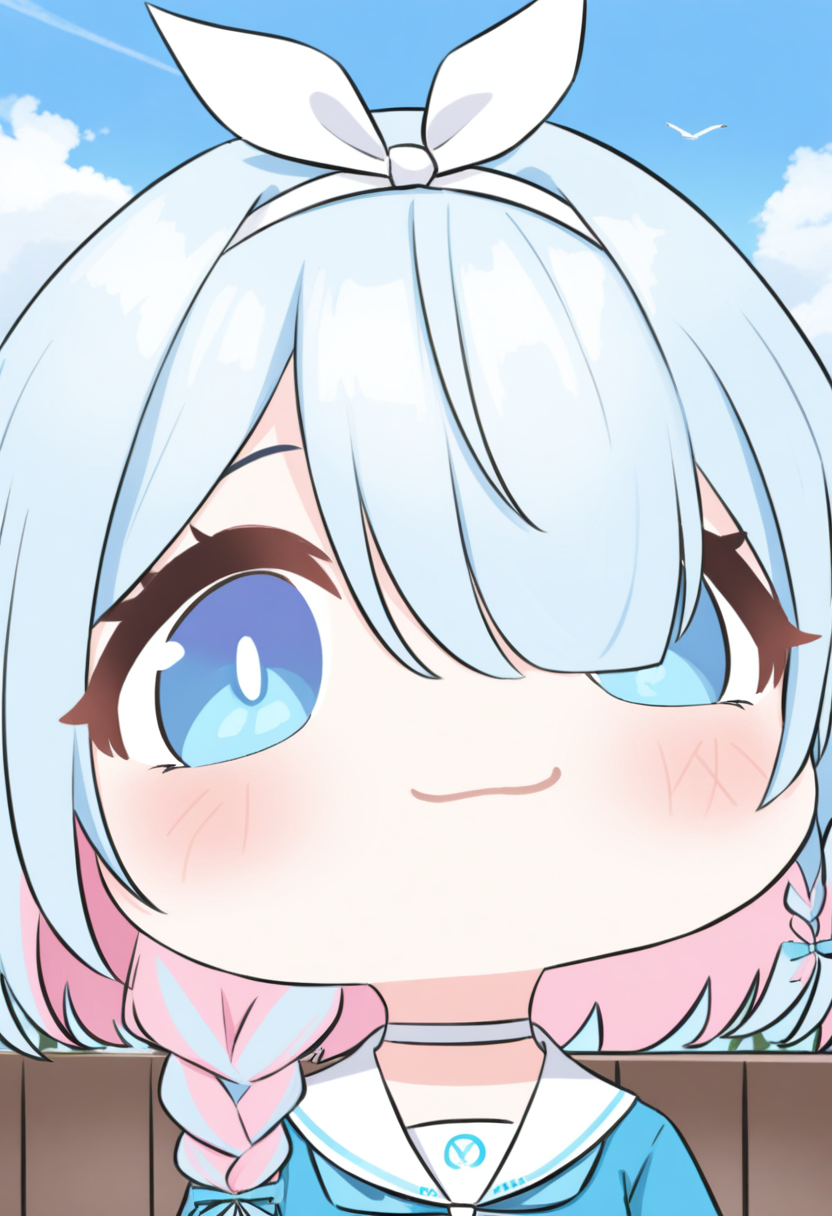 <lora:datou_v1:1>,datou, arona (blue archive), 1girl, solo, white choker, blue eyes, hair over one eye, pink hair, blue hair, multicolored hair, braid, choker, looking at viewer, sky, portrait, smile, :3, cloud, short hair, hairband, colored inner hair, single braid, two-tone hair, blush, blue sky, ribbon, closed mouth, hair ribbon, chibi, fence, outdoors