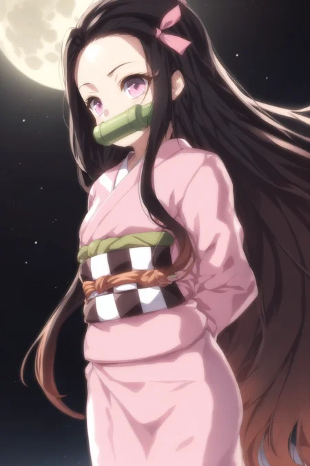 <lora:Nezuv1:0.6>, 1girl, asa no ha \(pattern\), bamboo, bit gag, black hair, brown hair, checkered, checkered obi, fingernails, forehead, gag, gagged, gradient hair, hair ribbon, haori, japanese clothes, kamado nezuko, kimono, long hair, long sleeves, looking at viewer, moon, mouth hold, multicolored hair, night, obi, pink eyes, pink kimono, pink ribbon, ribbon, sash, sharp fingernails, solo, standing, very long hair, (((arms behind back))),