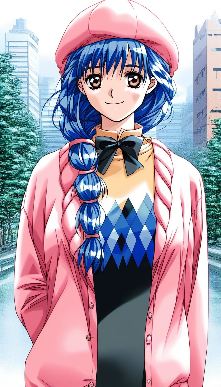 score_9, score_8_up, score_7_up, source_anime, rating_explicit, BREAK  <lora:Yasuda_Azumi_XL:1> Yasuda_Azumi, blue hair, long hair,  bangs, brown eyes, medium breasts, braided, low Ponytail,
pink hat, headwear removed, smile, pink jacket, hat removed, 1990s (style), 
jacket, upper body, bow, pink sweater, long sleeves, shirt, argyle, black bow, 
building, sky, tree,
looking at viewer,