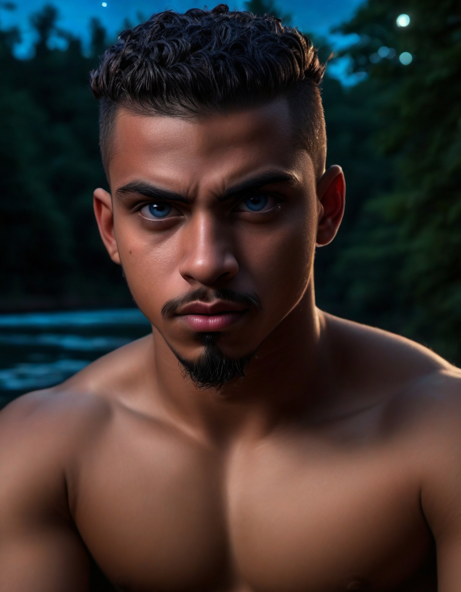 <lora:Smooth_skin_man:.5> photo of a (young)  young latino man, ((young face)), muscular, blue eyes, goatee, abs, cornrows hair, angry expression, lying back, body, huge penis and testicles, (night), looking at viewer, nude, innocent face, forest background, trees, river, high detail, realistic, high detail, 8k, (Masterpiece, high quality:1.3), masterpiece, depth of field, bokeh, detailed, homoerotic, (homoerotic), highly detailed, sharp focus, intricate, smooth, elegant, fantasy, cinematic lighting, cinematic, masterpiece, matte, photorealistic, 4k, beautiful, volumetric lighting, dramatic,