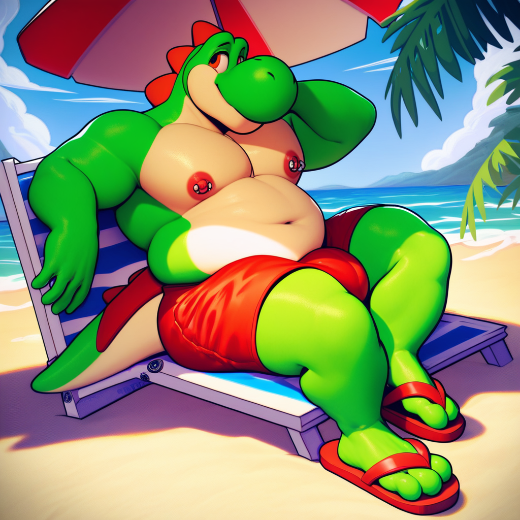 score_9, score_8_up, score_7_up, 2k, 4k, high res, 2d (artwork), Poppin, 1boy, solo, green skin, orange eyes, looking to the side, Yoshi, tail, furry, anthro, smiling, red swim trunks, topless, male swimwear, large hips, overweight male, beach sandals, fat, wide hips, large pectorals, nipple piercings, bottom heavy, thick thighs, massive bulge, beach background, sitting, sitting on beach chair, sitting under sun umbrella, side pov