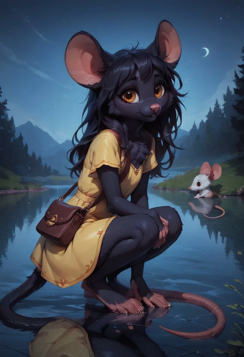 score_9, score_8_up, score_8,
tall cute thin girl, (furry:1.2), 1girl, solo, realistic fur, female mouse, mouse ears, black hair, details down to every fluff, chest tuft, black body fur, sleepy, hazel eyes, hazel eyes, long hair, bangs, lake at night, reflection in water, lake, side, cushioned seat, book bag, satchel, distracted, sheer, yellow dress, night time, thighs, holding satchel on knees, moving outside, tail ribbon, carriage window, squatting on grass, beautiful night sky, hands on knees, smiling, looking at viewer, long mouse tail, small mouse feet, flat chest, hips, very detailed face, black fur, grey limbs, cute, gorgeous, female furry, dress, animal legs, realistic shadows, cute face with interesting details, looking from side, side view,