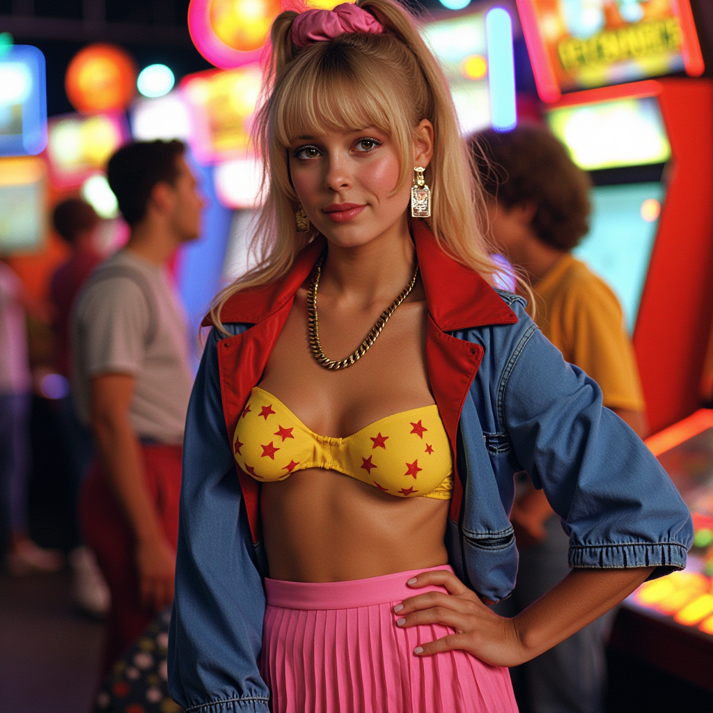 A vibrant 1980s-themed scene set in a lively arcade, featuring a young woman as the focal point, who has voluminous blonde hair styled with bangs and a pink scrunchie, wearing an oversized denim jacket with a striking red collar over nothing under just a very bare large breast covered by a  yellow bralette with red stars covering the nipples. , a high-waisted pink skirt. She accessorizes with statement earrings and a delicate gold chain around her neck, exuding a fun, playful attitude. In the background, a few friends catch the light with their retro outfits, including a male figure with curly hair and a colorful shirt, while the backdrop is illuminated with neon lights and arcade machines, enhancing the nostalgic atmosphere. The overall vibe is cheerful and energetic, capturing the essence of youthful exuberance typical of the era.
 grainy filter V1nt4g3 ,